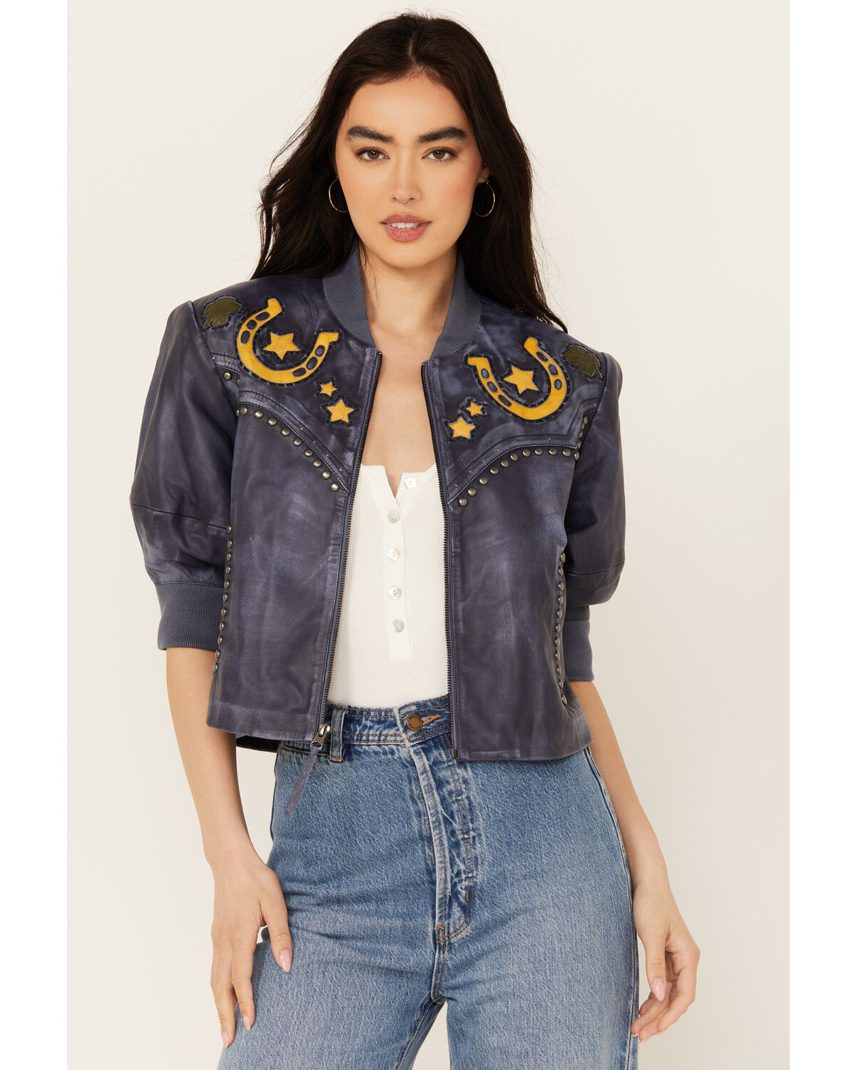 Image #1 - Double D Ranch Women's Ti-Yi-Yo Leather Jacket, Blue, hi-res