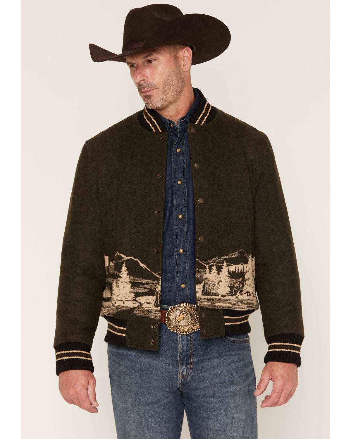 Pendleton Men's Lookout Valley Varsity Bomber Jacket, Olive, hi-res