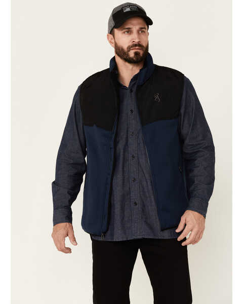 Browning Men's Maverick Color-Block Zip-Front Softshell Vest , Navy, hi-res