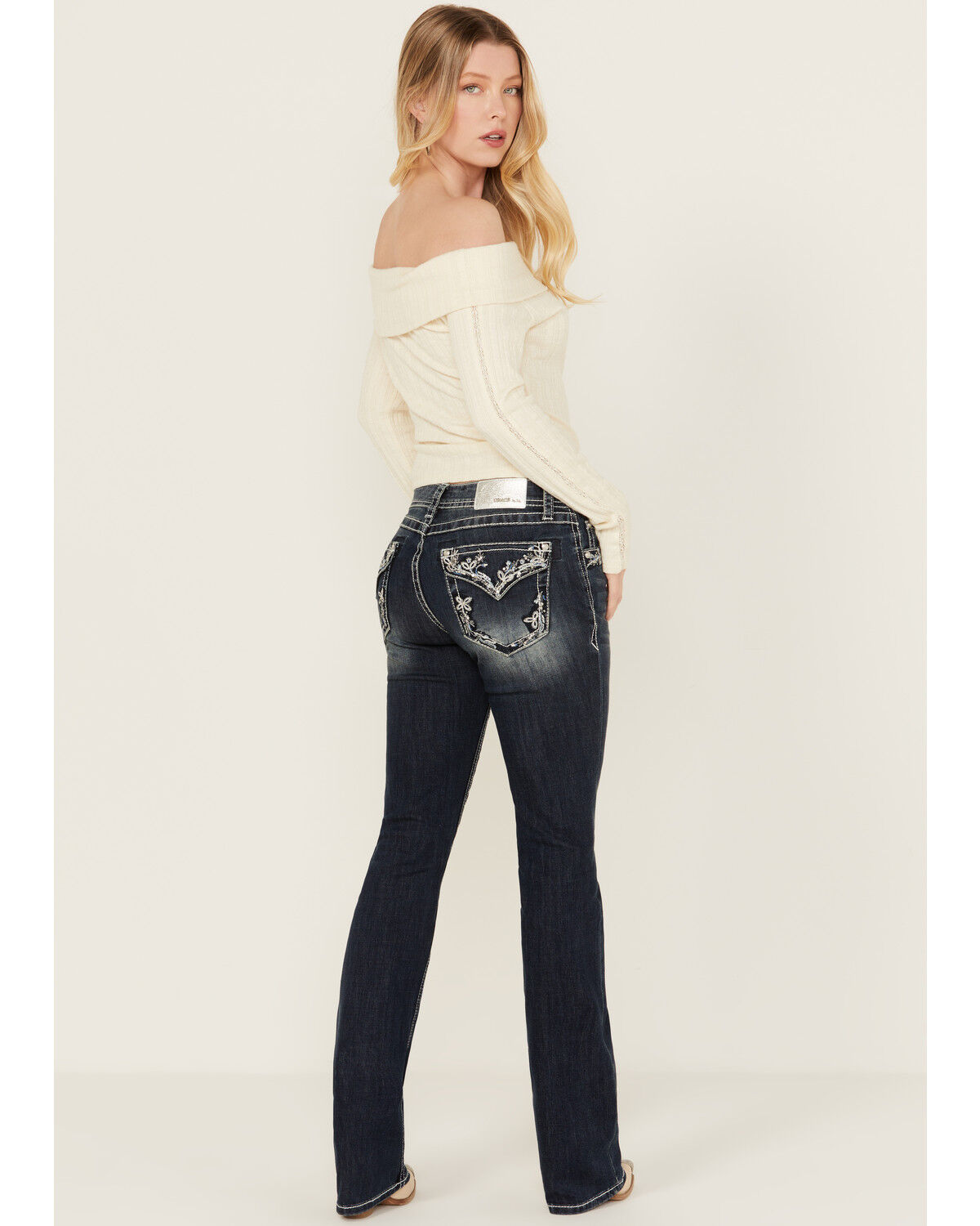 Image #1 - Grace in LA Women's Dark Wash Mid Rise Floral Pocket Bootcut Stretch Denim Jeans, Medium Wash, hi-res