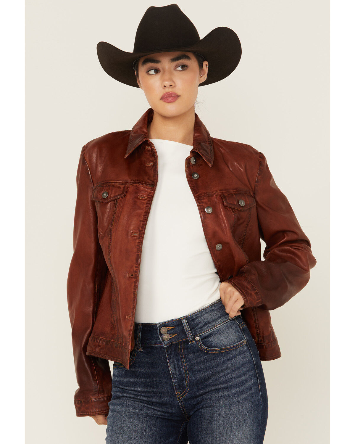 Image #1 - Scully Women's Leather Trucker Jacket, Brown, hi-res