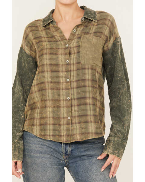 Image #3 - Mystree Women's Plaid Print Color Block Long Sleeve Button-Down Shirt , Green, hi-res