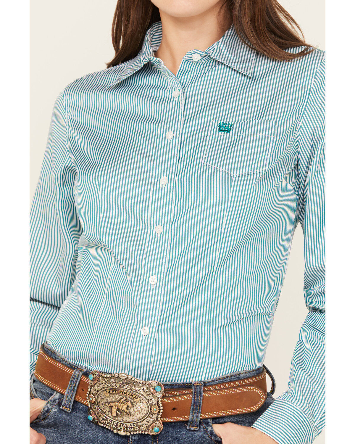Image #3 - Cinch Women's TENCEL™ Striped Long Sleeve Button-Down Western Core Shirt, Teal, hi-res