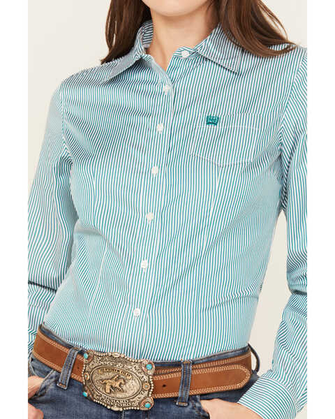Image #3 - Cinch Women's TENCEL™ Striped Long Sleeve Button-Down Western Core Shirt , Teal, hi-res