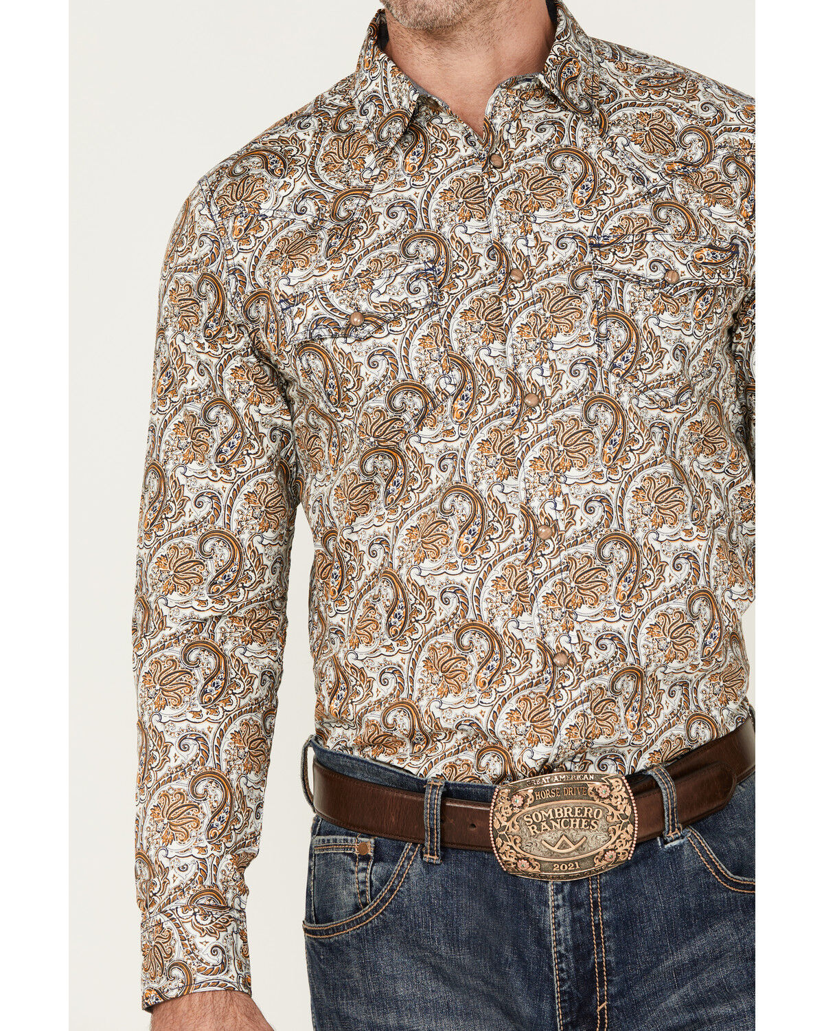 Image #3 - Cody James Men's Gold Dust Paisley Print Long Sleeve Pearl Snap Western Shirt - Tall, White, hi-res