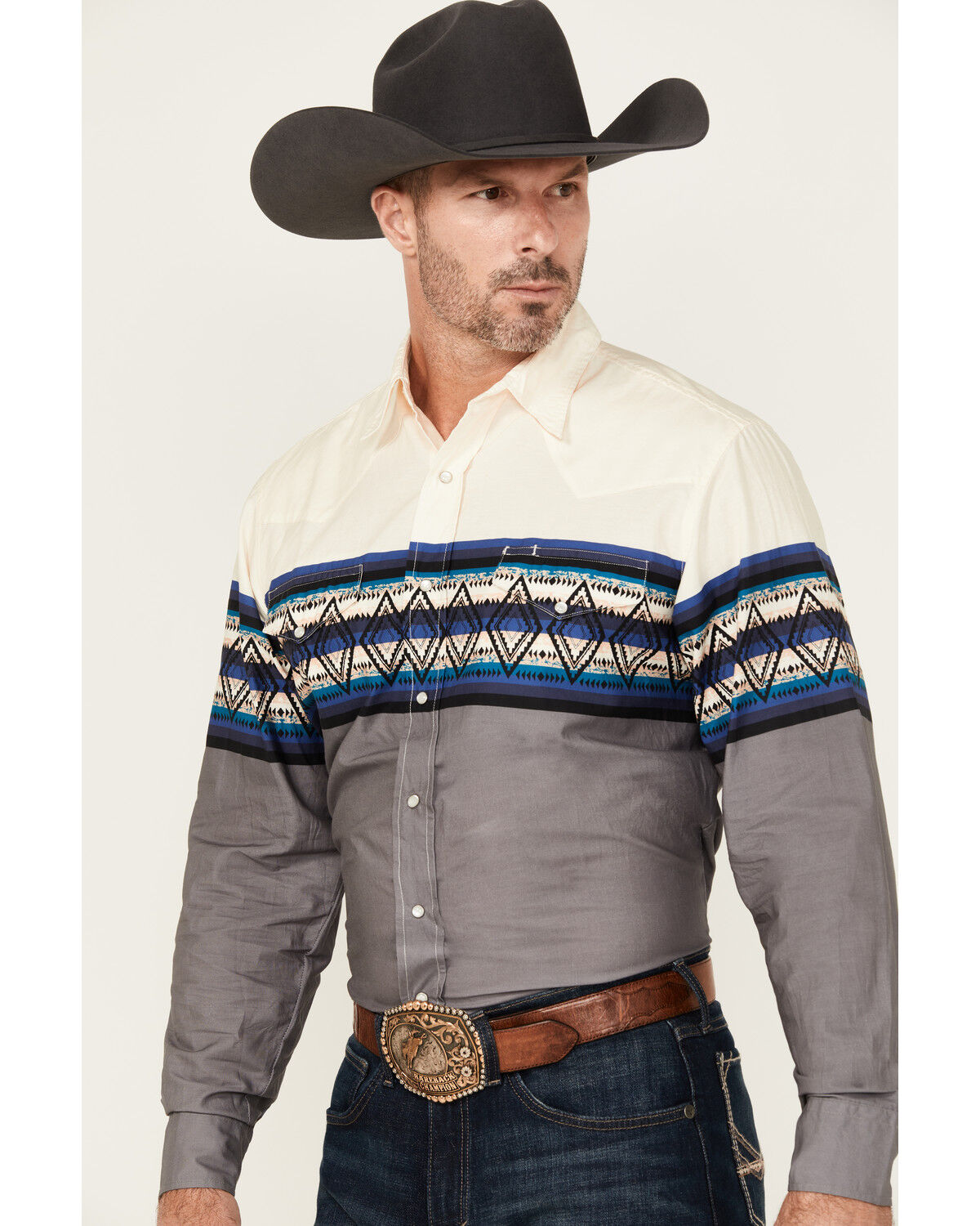 Image #2 - Roper Men's Vintage Southwestern Border Long Sleeve Pearl Snap Western Shirt, Blue, hi-res