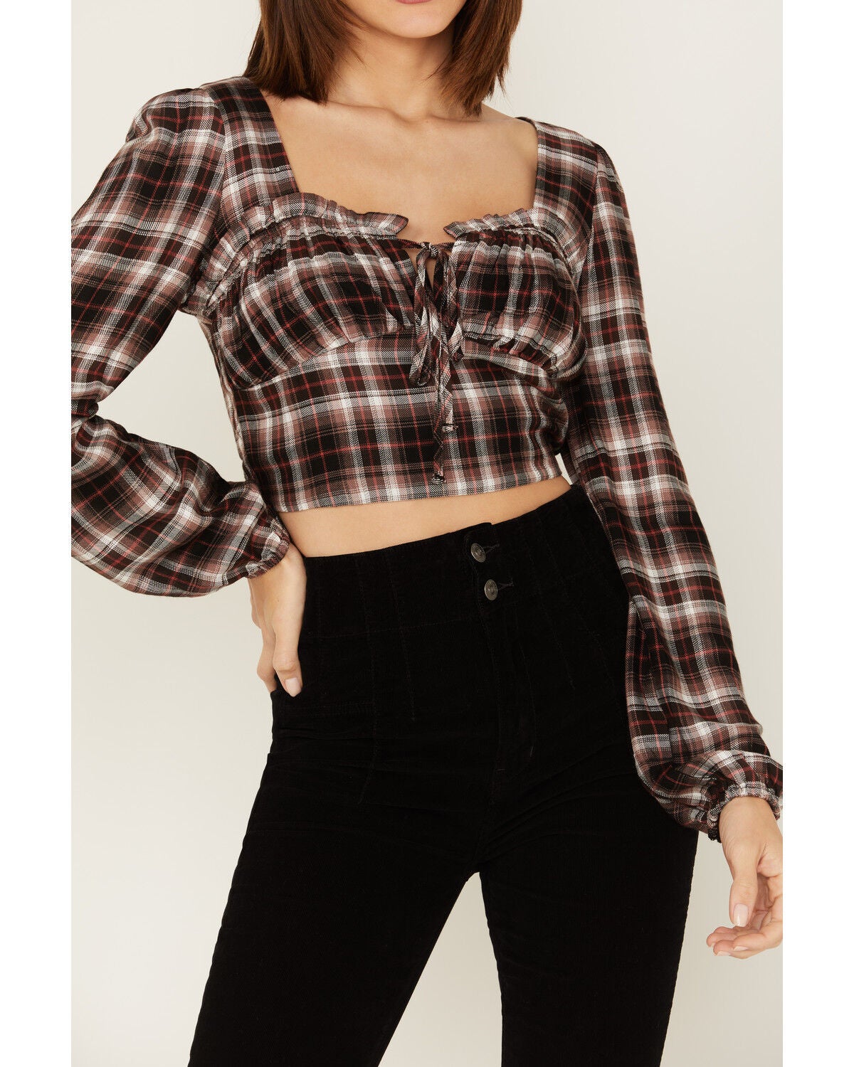 Image #3 - Wild Moss Women's Plaid Print Ruffle Tie Front Crop Top, Rust Copper, hi-res