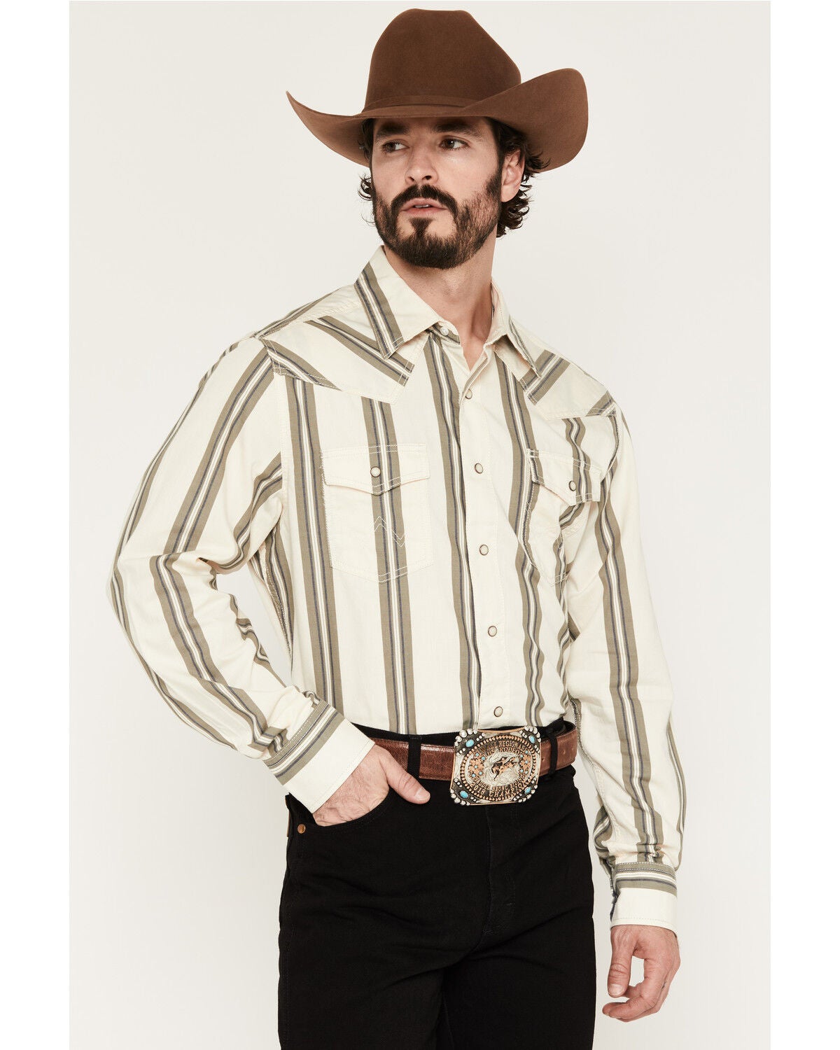 Image #1 - Wrangler Retro Men's Premium Striped Long Sleeve Snap Western Shirt - Tall, Cream, hi-res