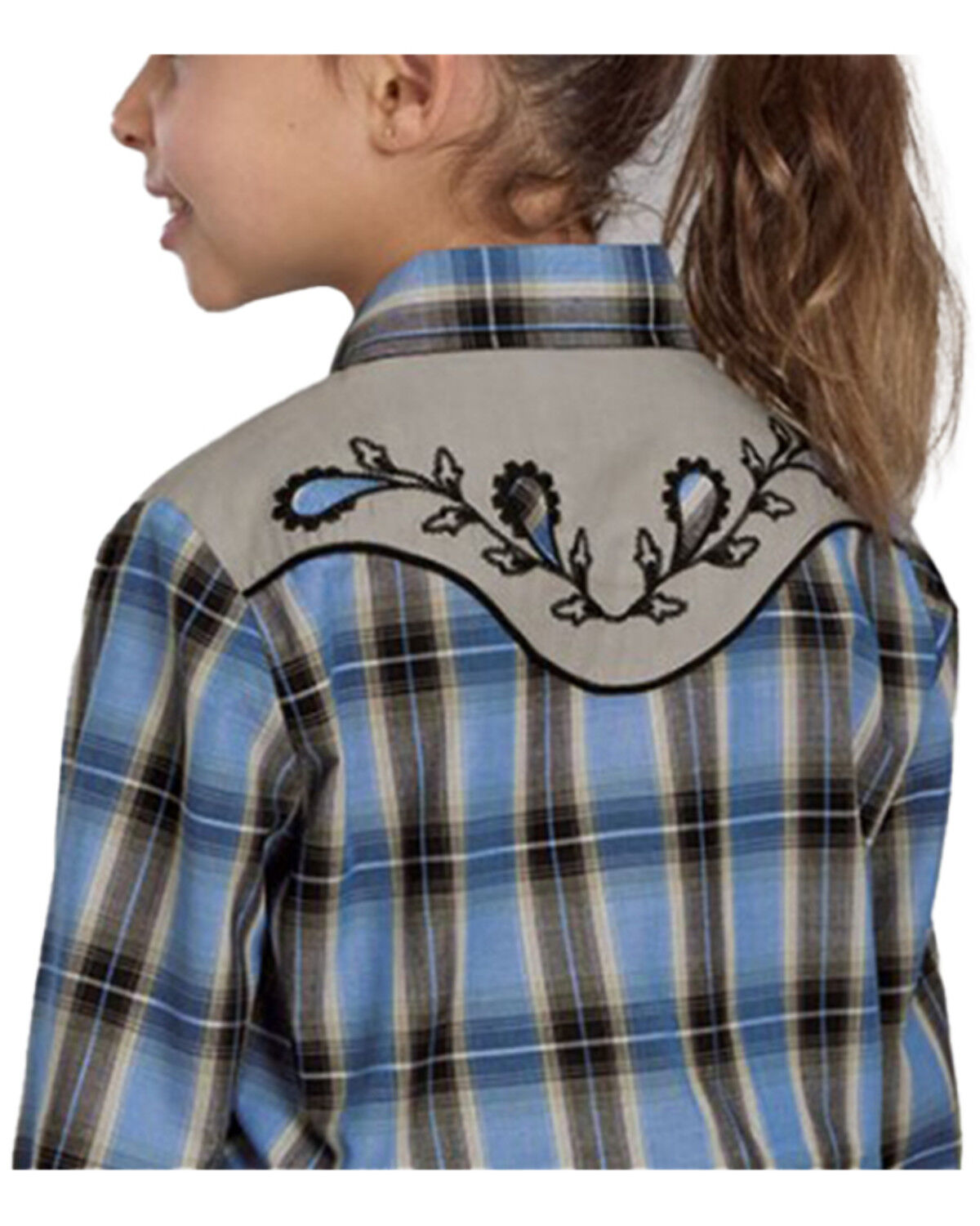 Image #1 - Roper Girls' Plaid Print Embroidered Long Sleeve Snap Stretch Western Shirt, Blue, hi-res