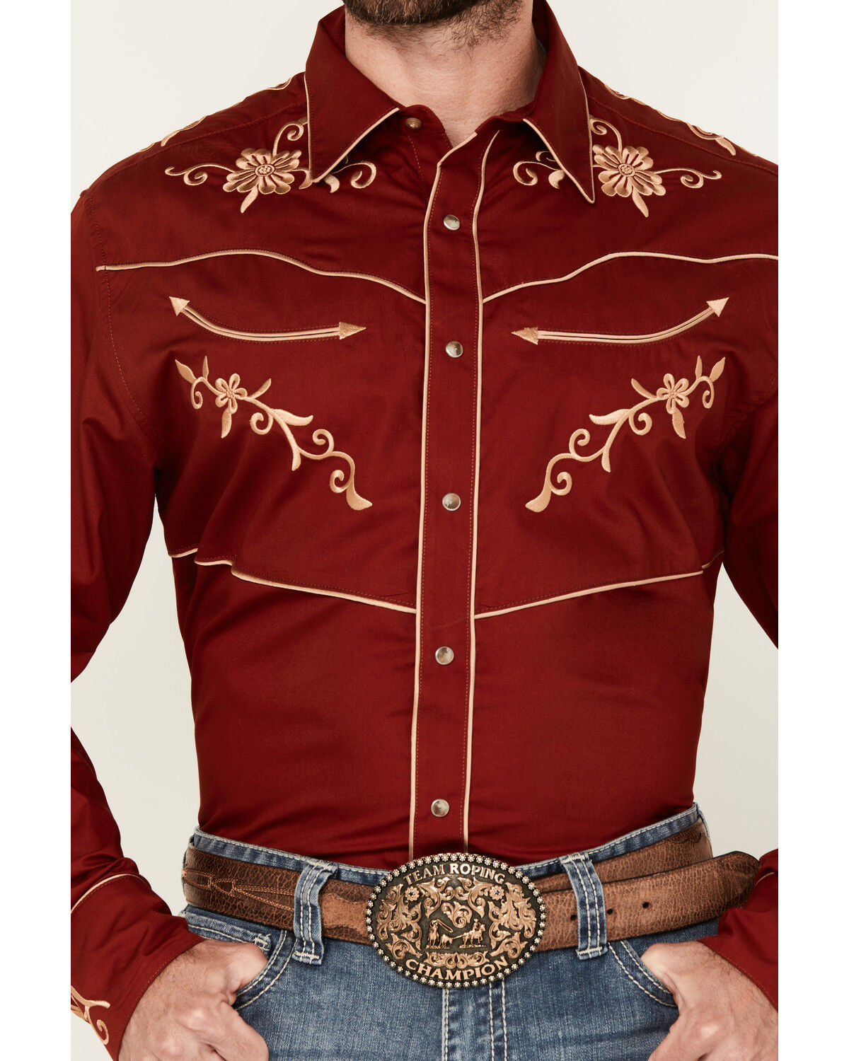 Image #3 - Wrangler Men's Rodeo Ben Embroidered Long Sleeve Snap Western Shirt, Red, hi-res