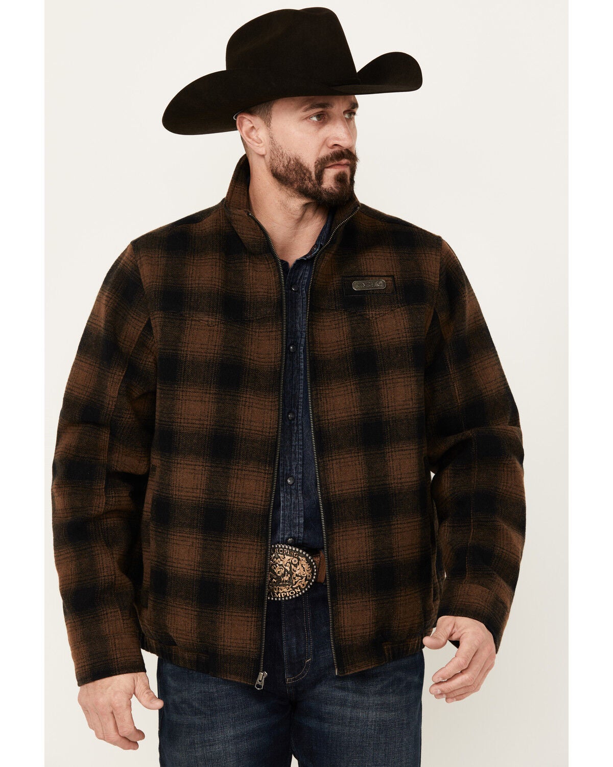 Cinch Men's Plaid Print Concealed Carry Zip Jacket, Brown, hi-res