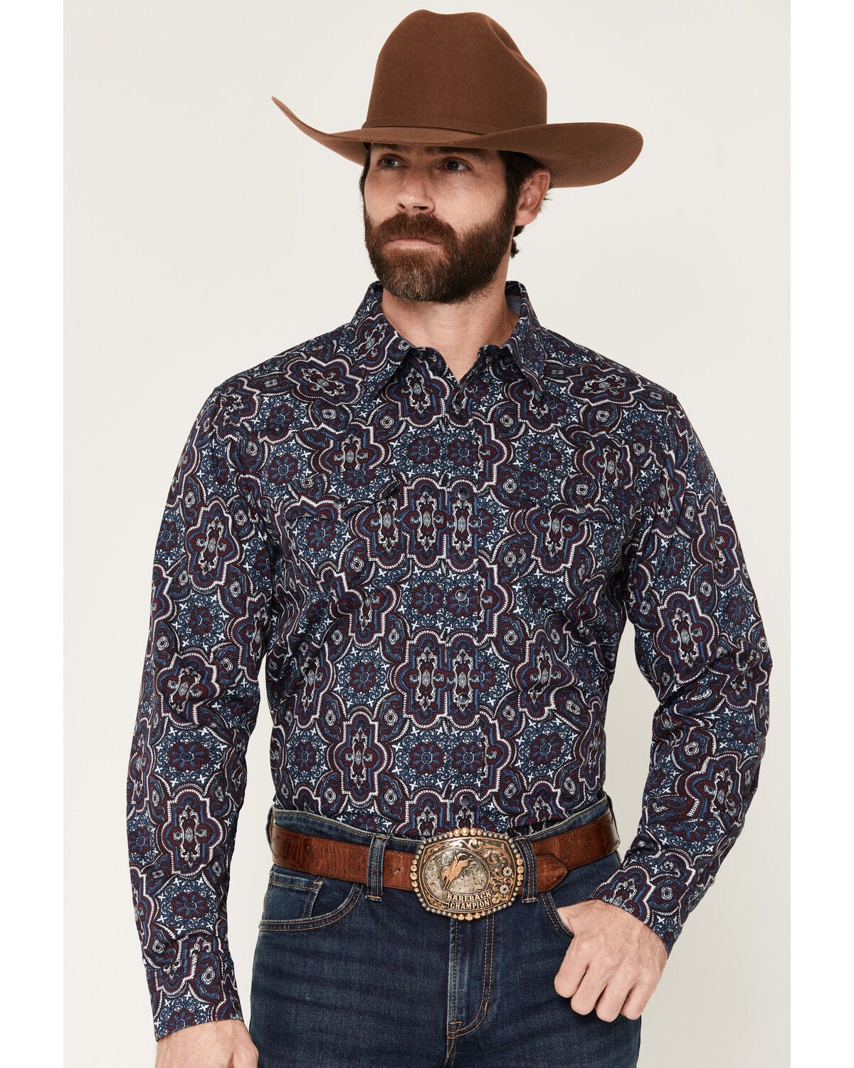 Image #1 - Cody James Men's Muddy Medallion Print Long Sleeve Snap Western Shirt, Navy, hi-res