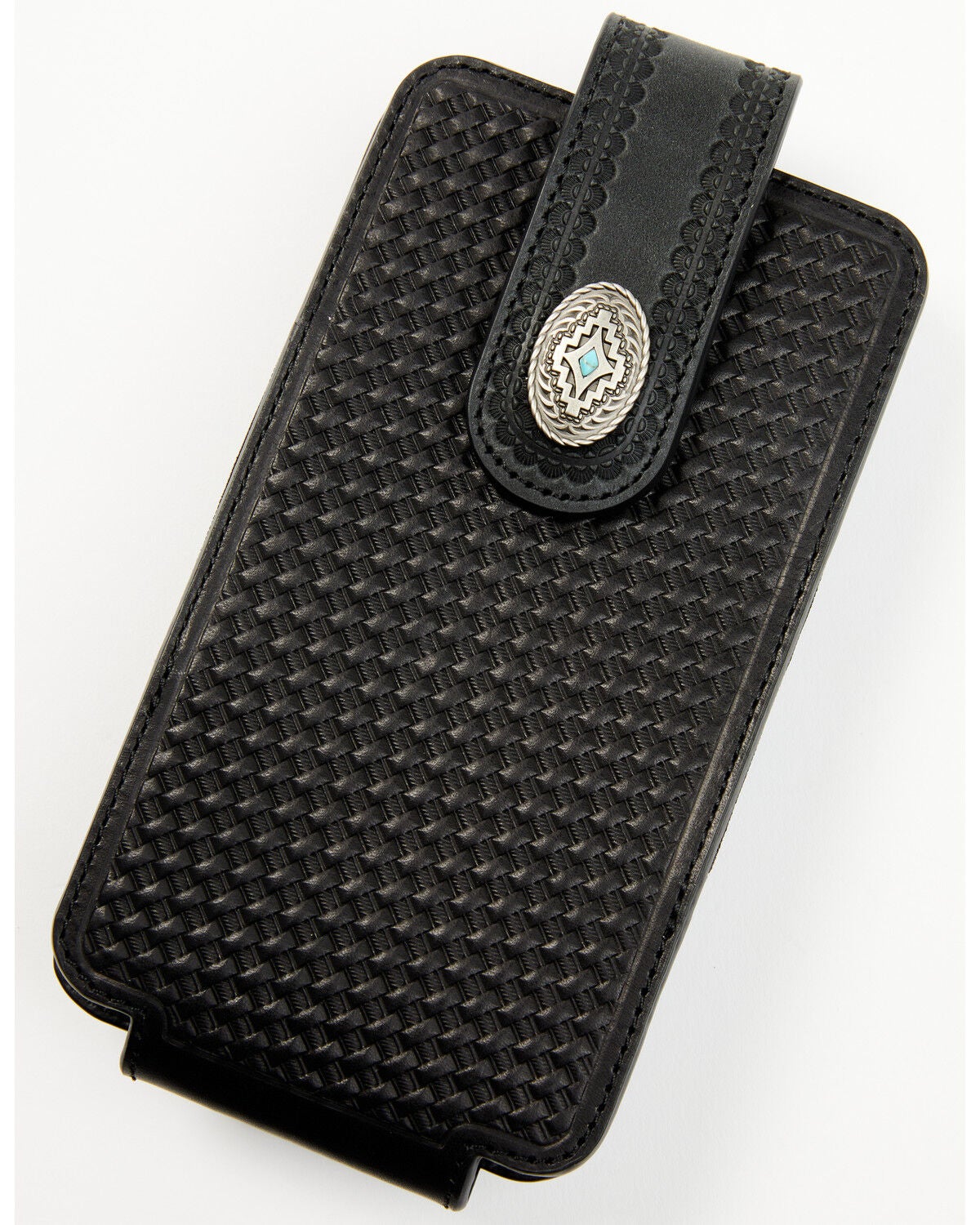 Cody James Men's Dwight Basketweave Tooled Cellphone Case, Black, hi-res