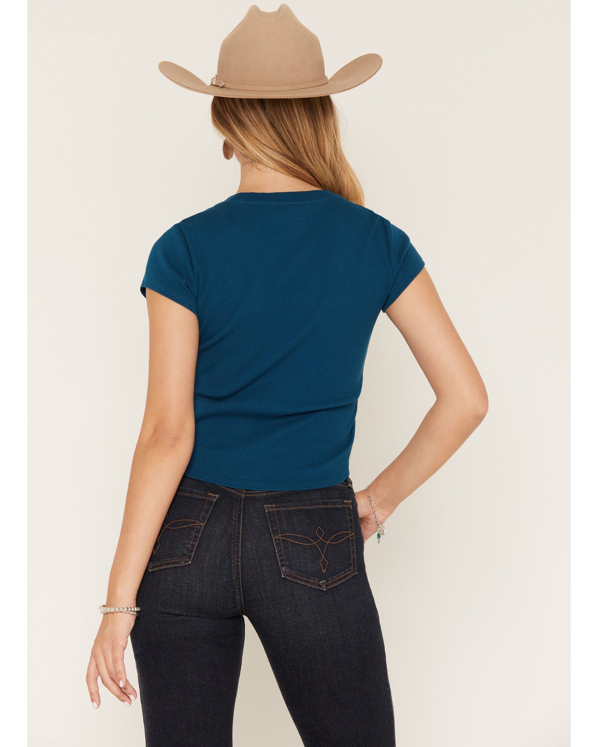 Image #4 - Shyanne Women's Ropin Cowboy Horse Ribbed Baby Tee, Navy, hi-res