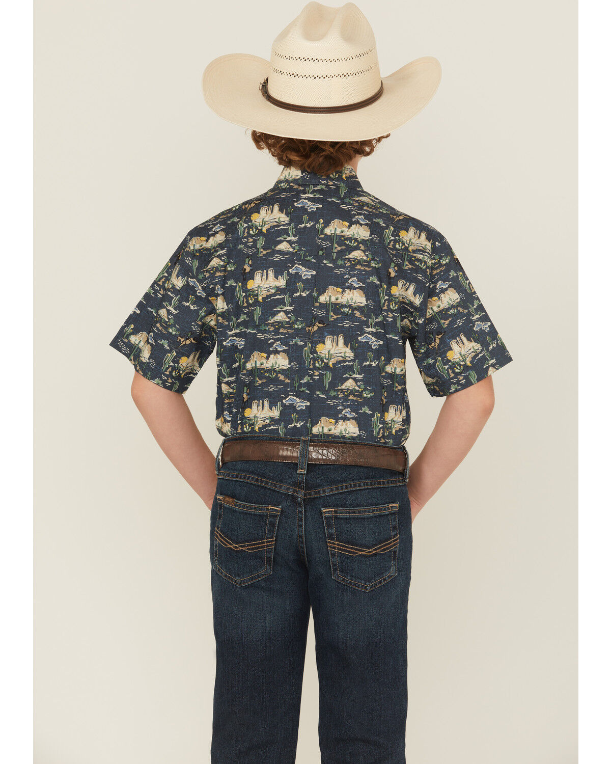 Image #4 - Panhandle Slim Boys' Desert Print Short Sleeve Snap Western Shirt, Navy, hi-res