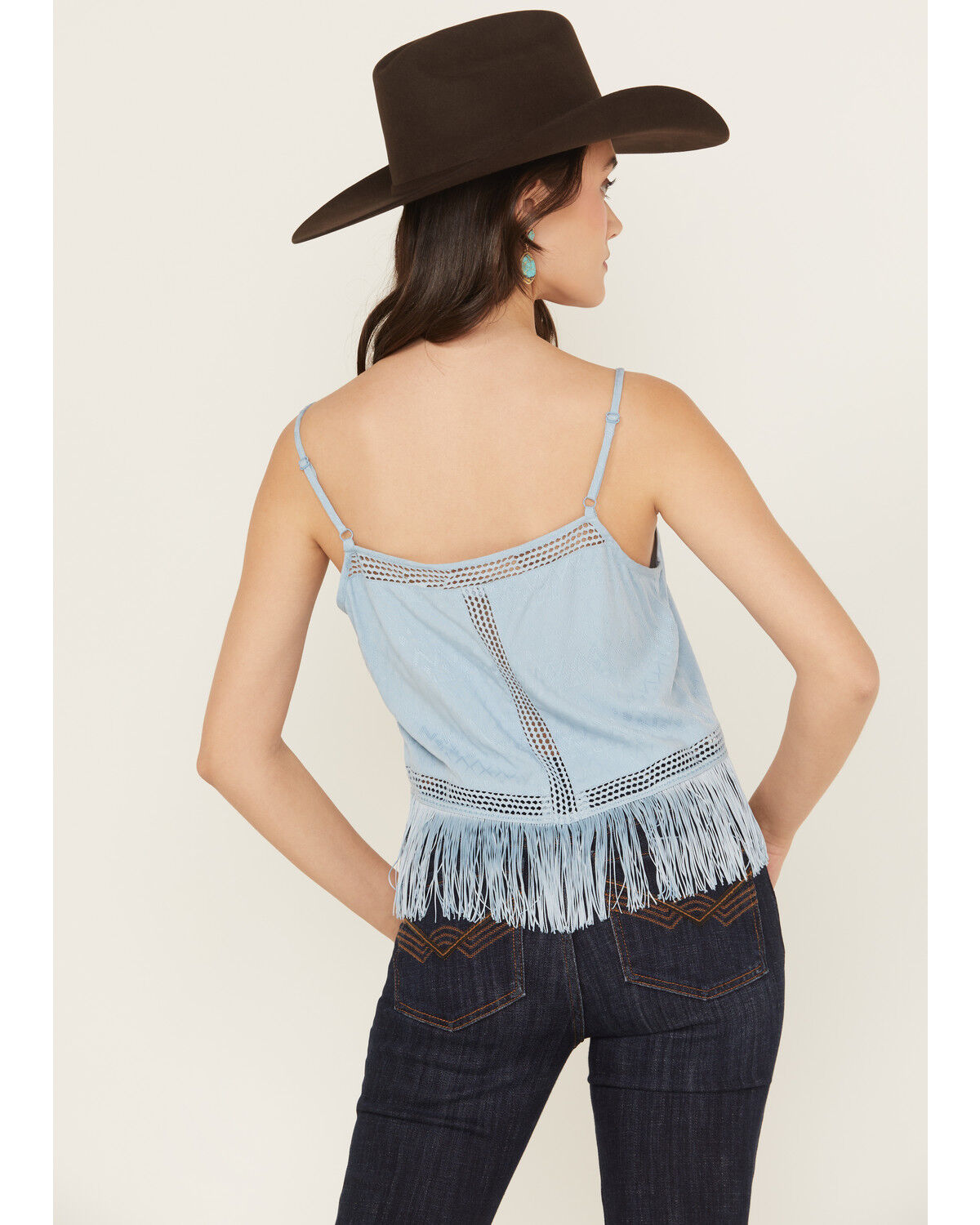 Image #4 - Idyllwind Women's Briarwick Jacquard Fringe And Lace Tank Top, Light Blue, hi-res