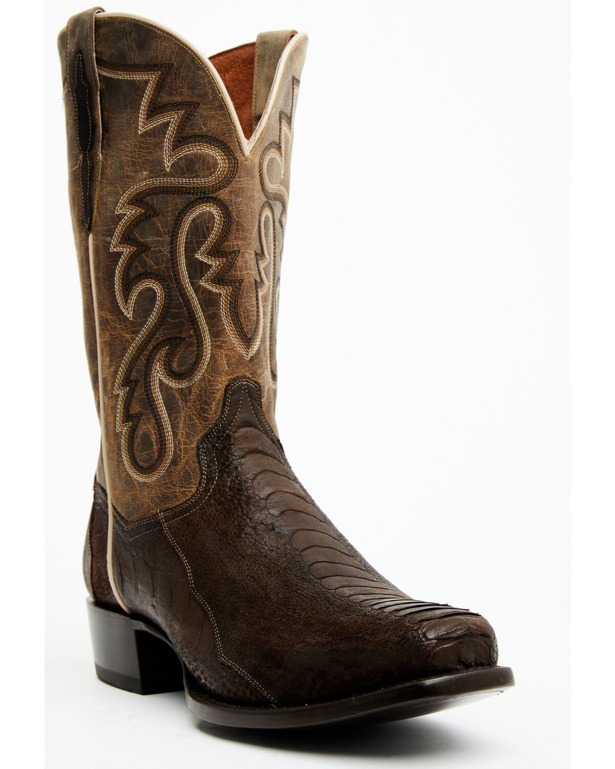 Image #1 - Dan Post Men's Exotic Ostrich Leg Western Boots - Square Toe, Chocolate, hi-res