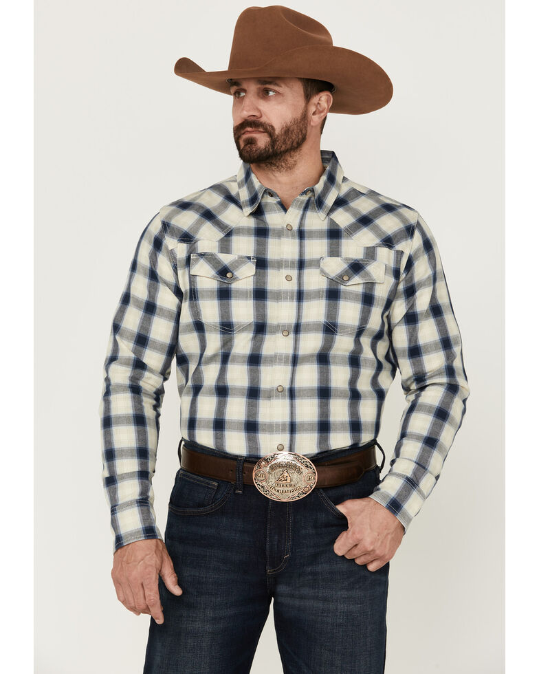 Blue Ranchwear Men's Blue Plaid Long Sleeve Snap Western Work Shirt , Navy, hi-res