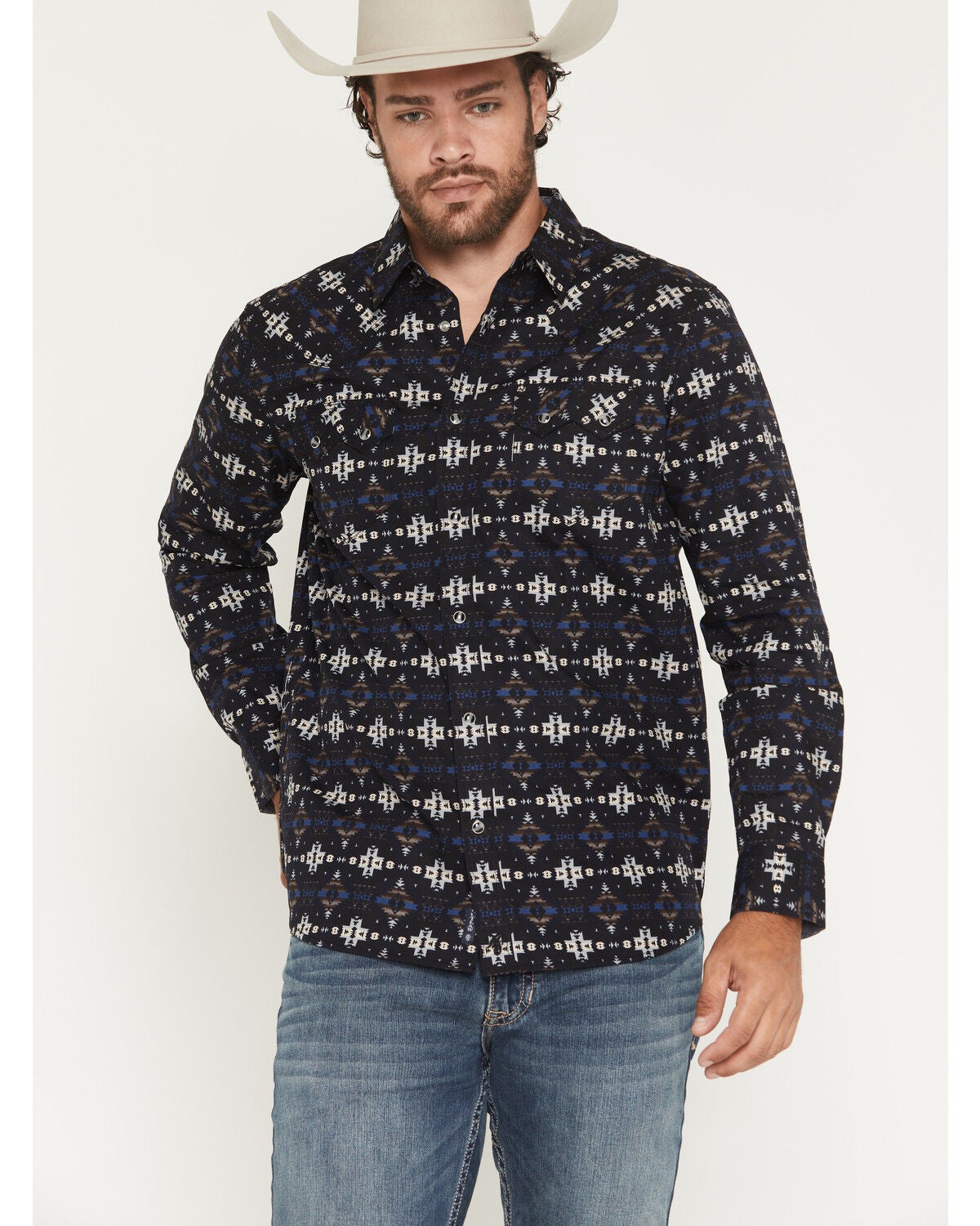 Image #1 - Moonshine Spirit&reg; Men's Indian Wells Southwestern Print Long Sleeve Snap Western Shirt, Navy, hi-res