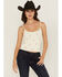 Image #1 - Fornia Women's Peach Embroidered Sleeveless Cropped Tank Top, White, hi-res
