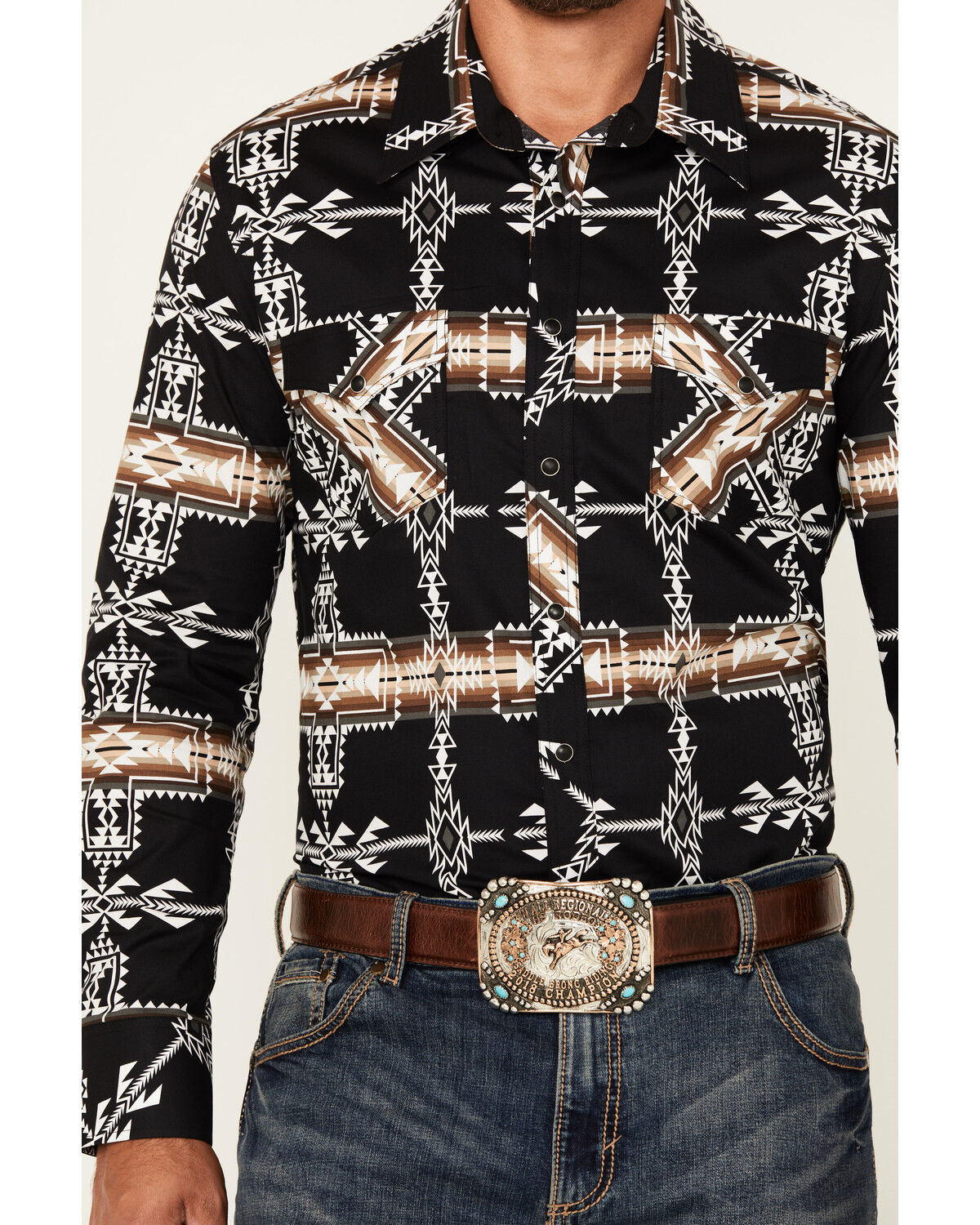 Image #3 - Rock & Roll Denim Men's Southwestern Print Long Sleeve Snap Stretch Western Shirt, Black, hi-res