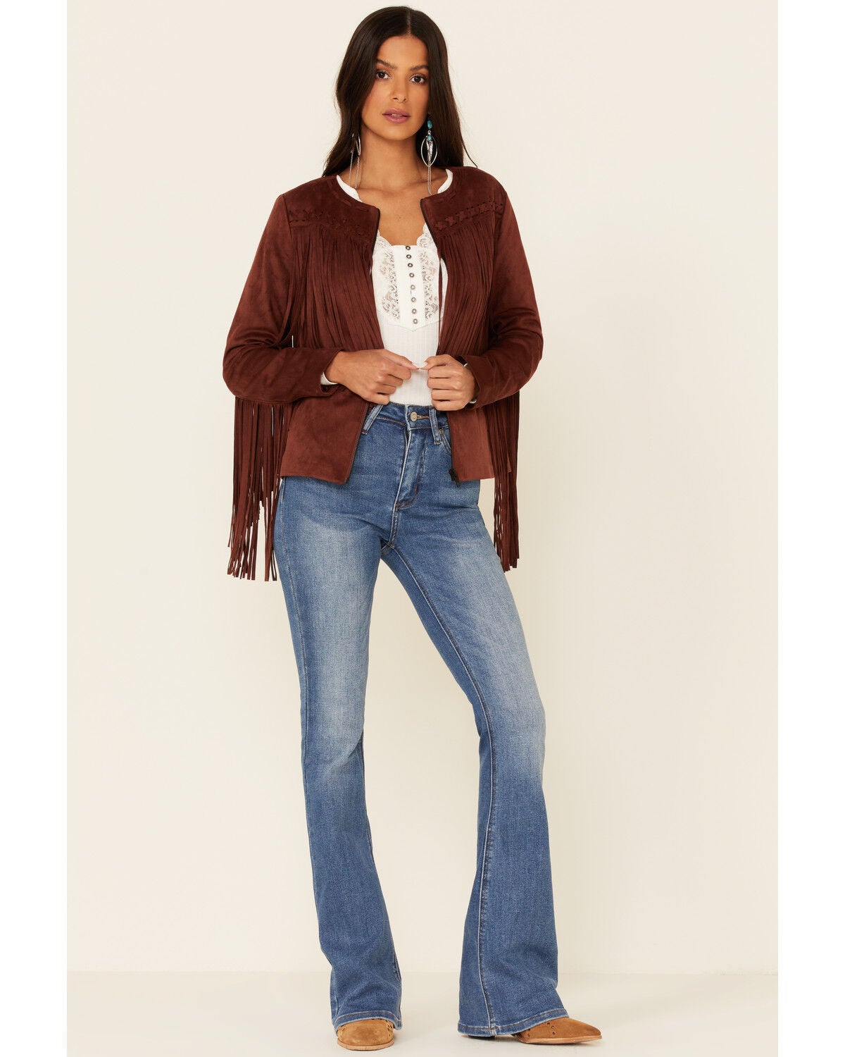 blue suede fringe jacket