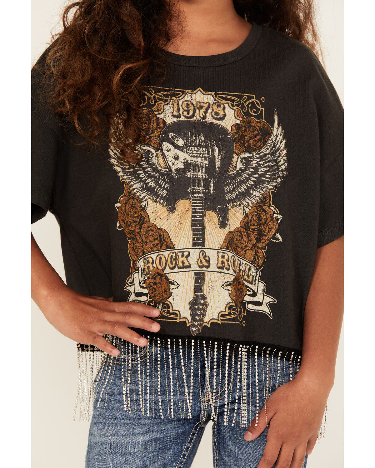 Image #3 - La La Land Girls' Guitar Short Sleeve Fringe Graphic Tee, Black, hi-res
