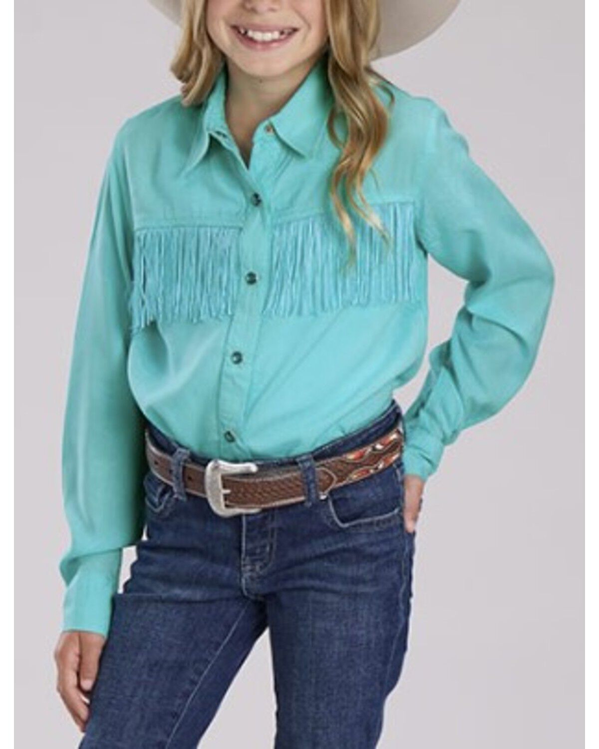 Image #1 - Roper Girls' Summer II Solid Long Sleeve Pearl Snap Fringe Western Shirt, Turquoise, hi-res