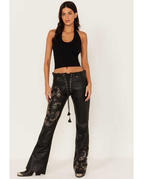 Boot Barn X Understated Leather Women's Rhinestone Studded Lace-Up Flare Leather Pants, Black, hi-res