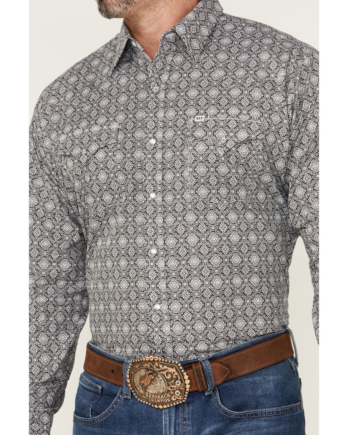 Image #3 - Ely Walker Men's Medallion Print Long Sleeve Pearl Snap Western Shirt, Black, hi-res