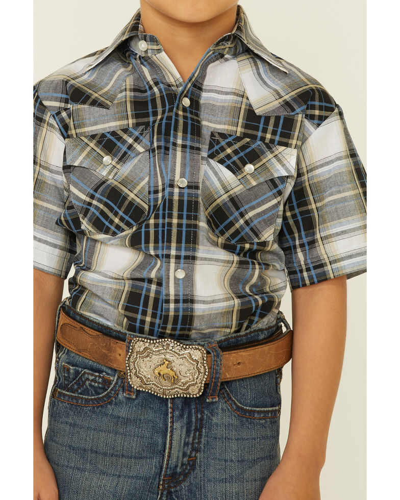 Ely Walker Boys' Black Textured Plaid Short Sleeve Snap Western Shirt , Black, hi-res