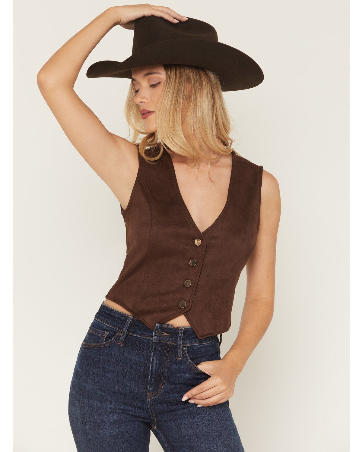 Image #2 - Stoosh Women's Faux Suede Solid Button-Down Vest, Dark Brown, hi-res