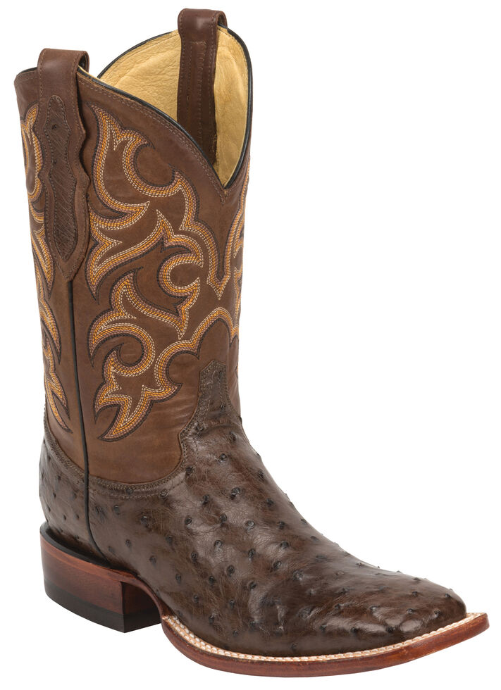 Justin Tobacco Brown Full Quill Ostrich Cowboy Boots - Wide Square Toe
