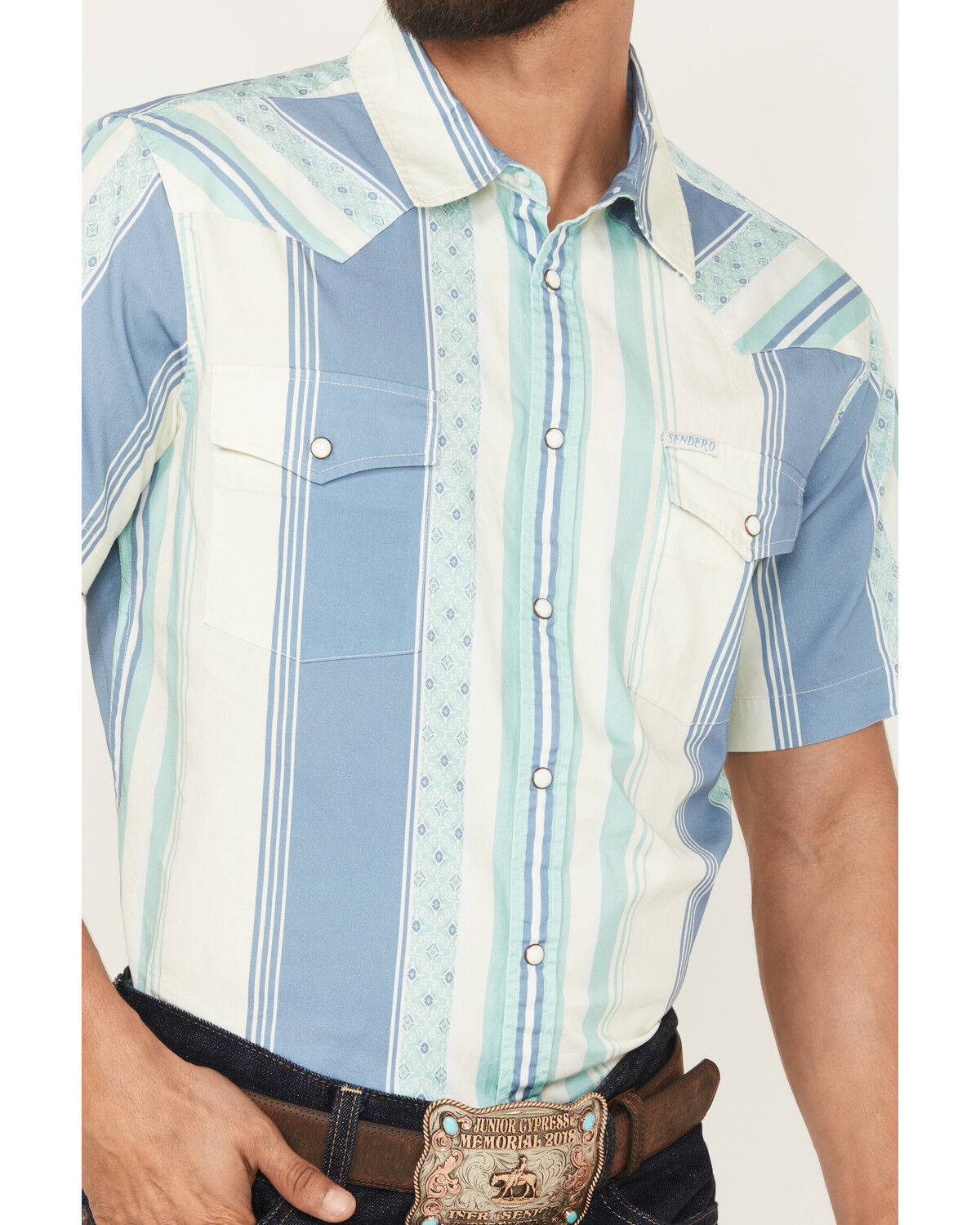 Image #3 - Sendero Provisions Men's Wyatt Serape Striped Print Short Sleeve Snap Western Shirt, Teal, hi-res
