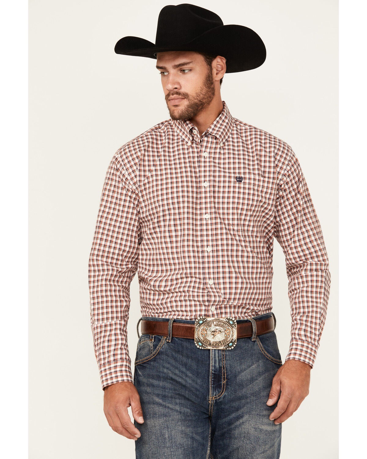 Cinch Men's Plaid Print Long Sleeve Button-Down Western Shirt, Cream, hi-res