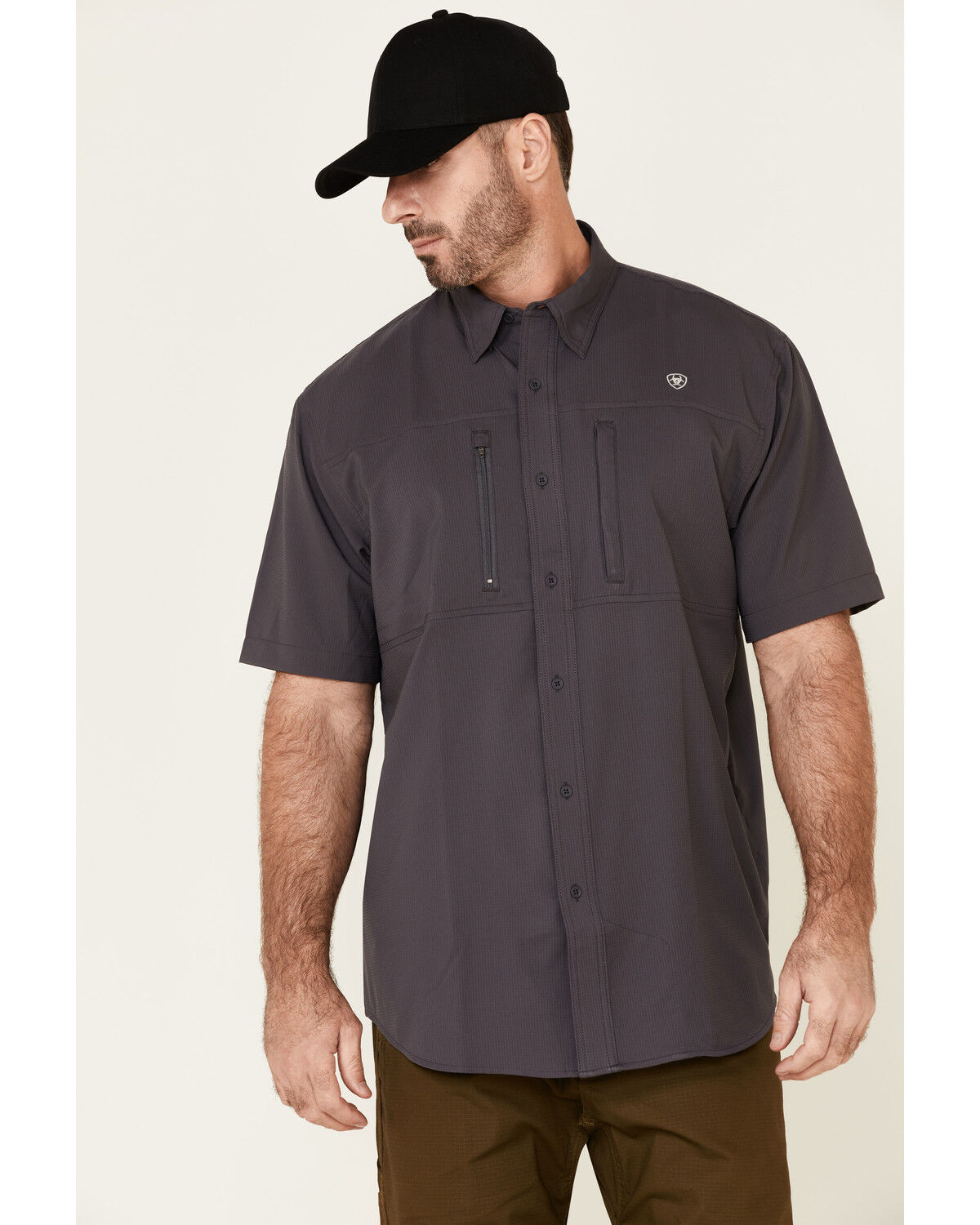 Image #1 - Ariat Men's Solid Charcoal Tek Button-Down Short Sleeve Western Shirt - Tall, Charcoal, hi-res