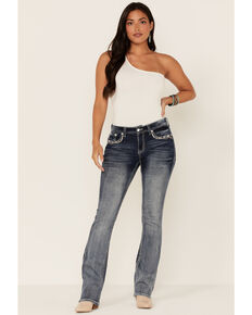 Grace in LA Women's Medium Wash Sequin Pocket Mid Rise Bootcut Jeans, Blue, hi-res