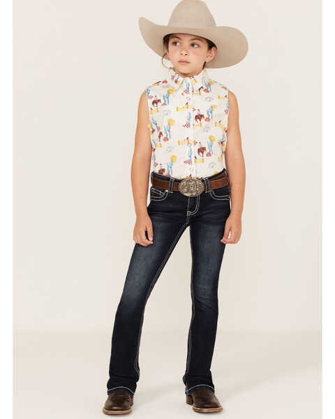 Image #2 - Rock & Roll Denim Girls' Cowboy Horse Print Sleeveless Western Snap Shirt, Turquoise, hi-res