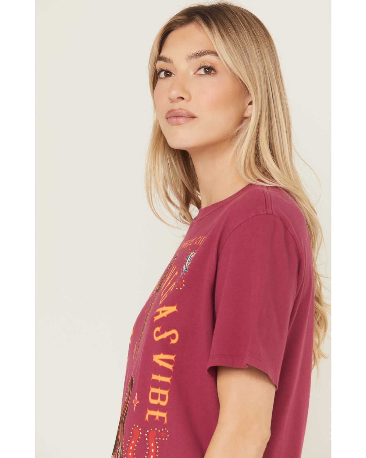 Image #2 - Idyllwind Women's Rhinestone Music City Short Sleeve Boyfriend Graphic Tee, Maroon, hi-res