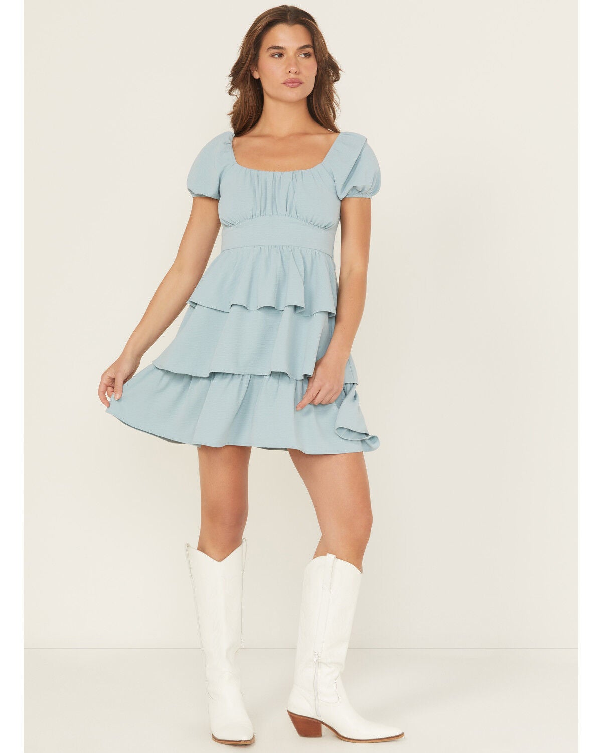 Originality Women's Solid Puff Sleeve Mini Dress, Blue, hi-res