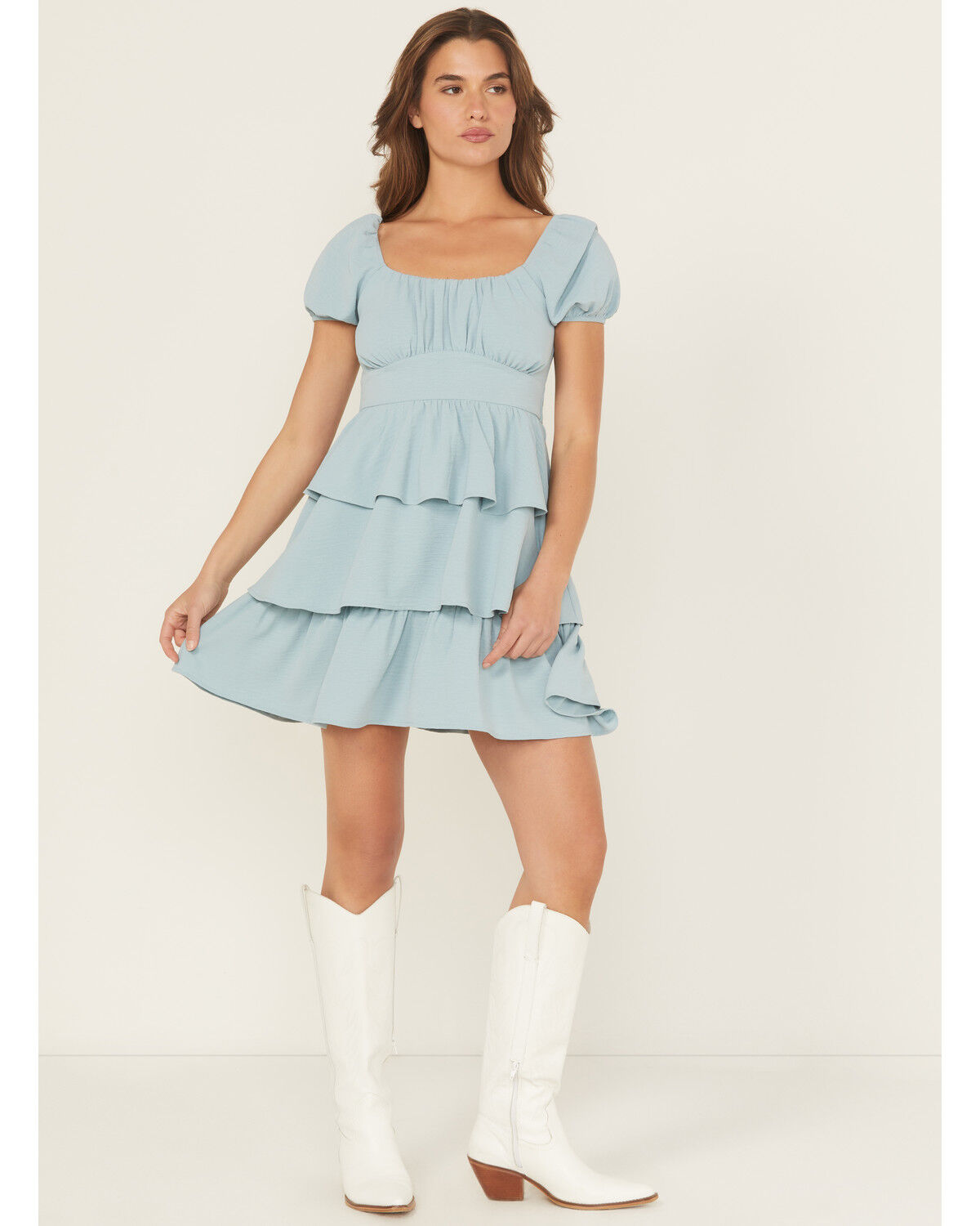Image #1 - Originality Women's Solid Puff Sleeve Mini Dress, Blue, hi-res