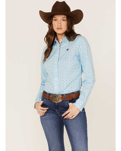 Cinch Women's Star Geo Print Button Down Long Sleeve Western Shirt, Light Blue, hi-res