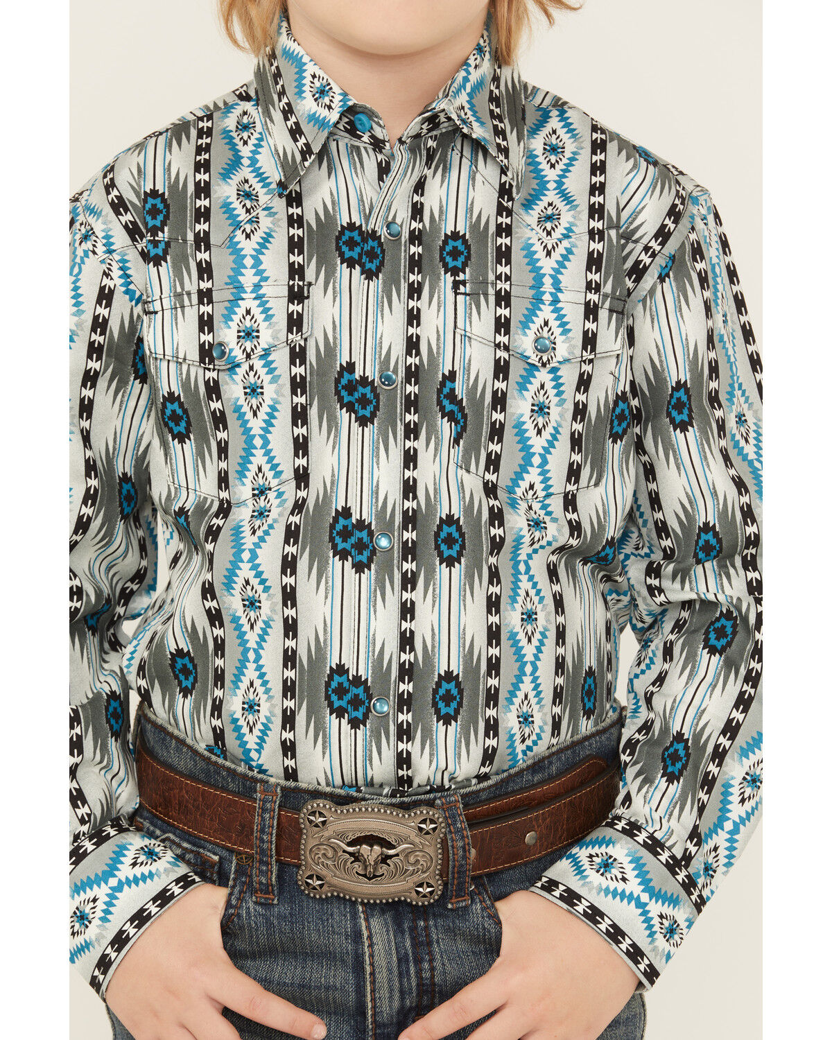 Image #2 - Wrangler Boys' Checotah Southwestern Print Long Sleeve Snap Western Shirt, Grey, hi-res