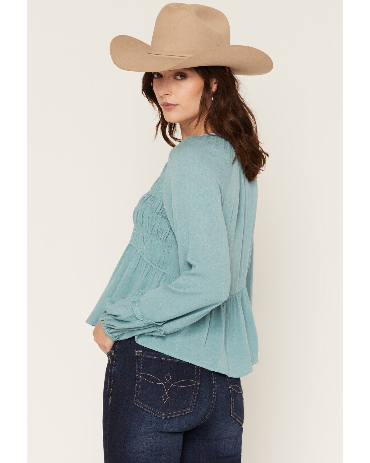 Image #4 - Lovestitch Women's Long Sleeve Rouched Front Top, Blue, hi-res