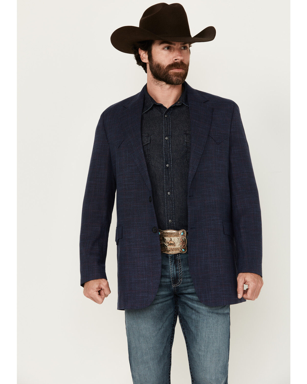 Image #1 - Circle S Men's Plaid Print Western Sportcoat, Navy, hi-res