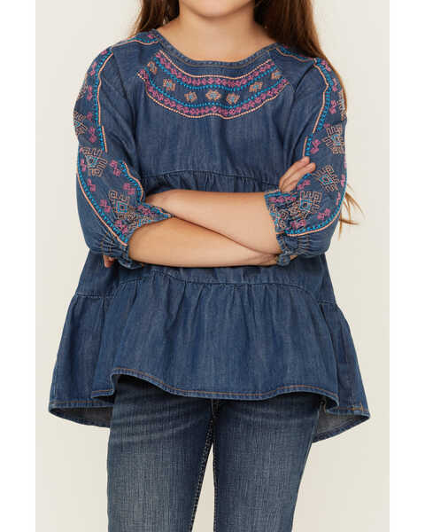 Image #3 - Wrangler Girls' Dark Wash Denim Embroidered Tunic Top Dress, Dark Wash, hi-res