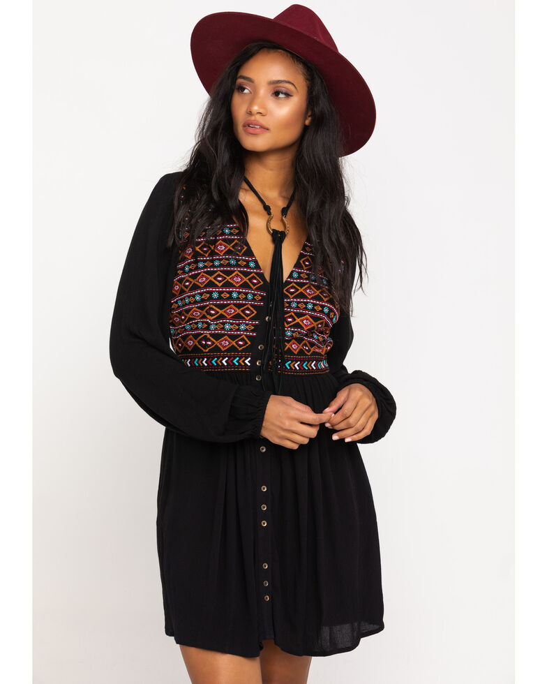 Shyanne Women S Black Embroidered Button Long Sleeve Dress