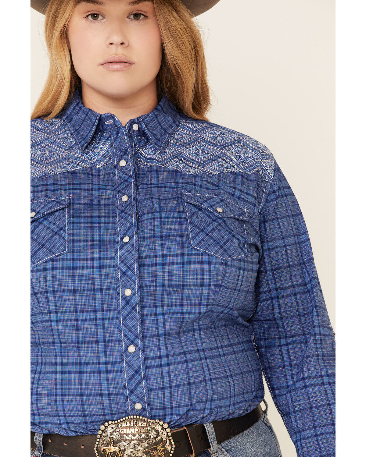 Image #3 - Rough Stock by Panhandle Women's Carrigan Plaid Print Long Sleeve Western Shirt - Plus, Blue, hi-res