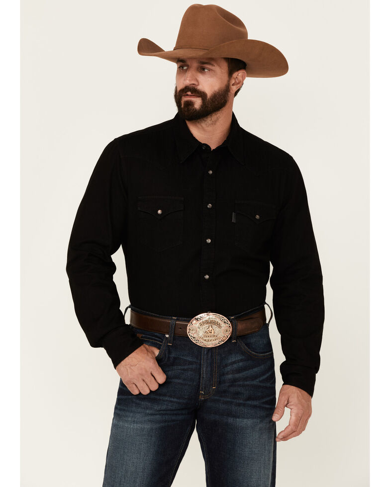 Rock & Roll Denim Men's Solid Black Denim Long Sleeve Snap Western Shirt , Black, hi-res