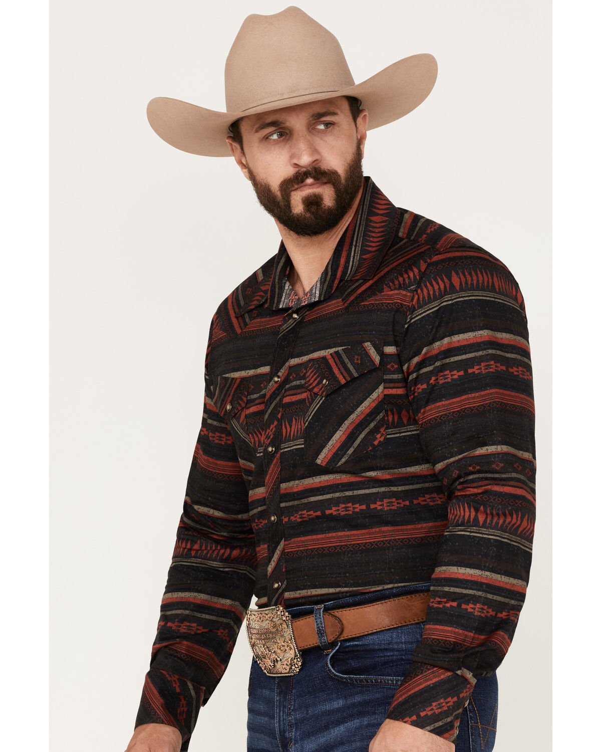 Image #2 - Rock & Roll Denim Men's Southwestern Stripe Stretch Long Sleeve Snap Shirt, Burgundy, hi-res
